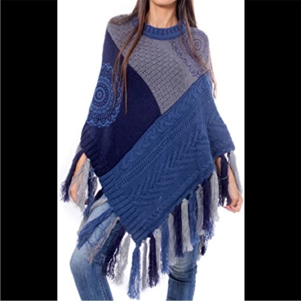 Desigual Poncho Knit Sweater Blue Grey Mandala One Size